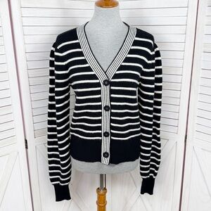 Bagatelle Collection Striped V Neck Cardigan Sweater Black White Small